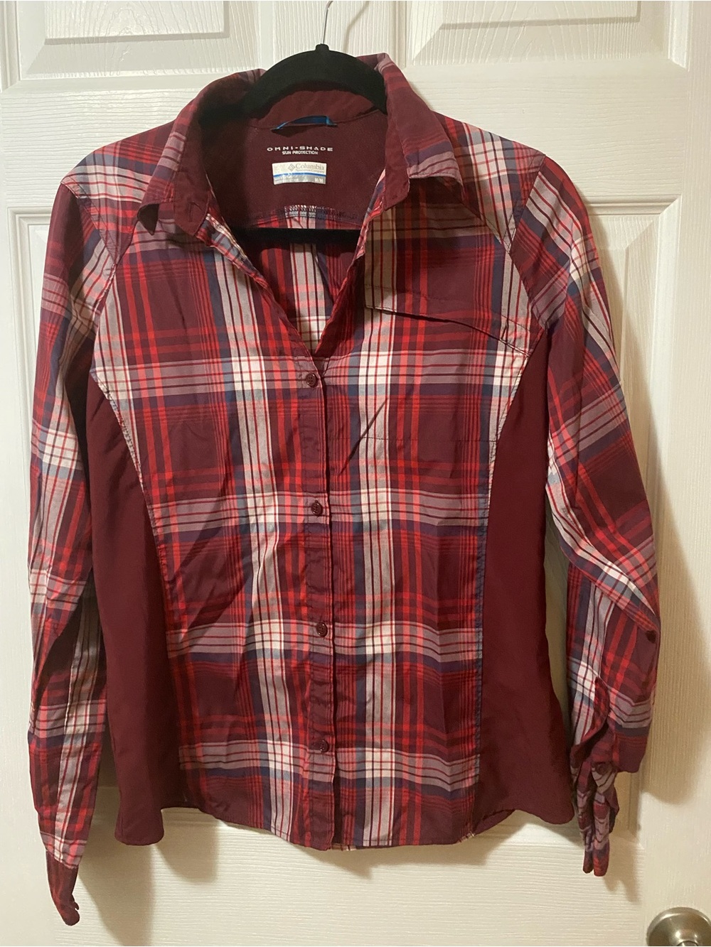 Columbia Red and Burgundy Plaid Button-Up Shirt
